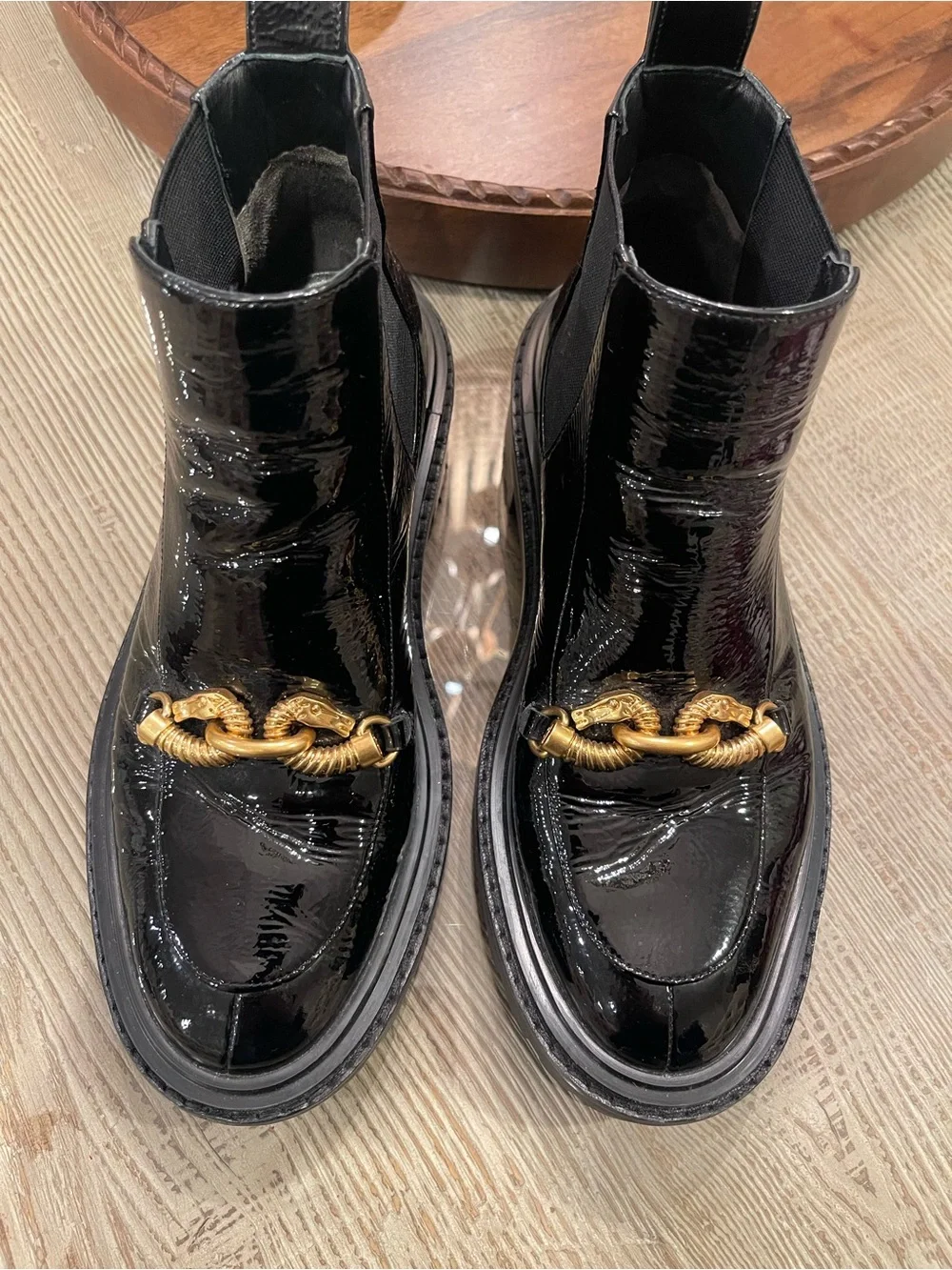 Tory Burch Women’s Black Patent Leather Boots with Gold Accent